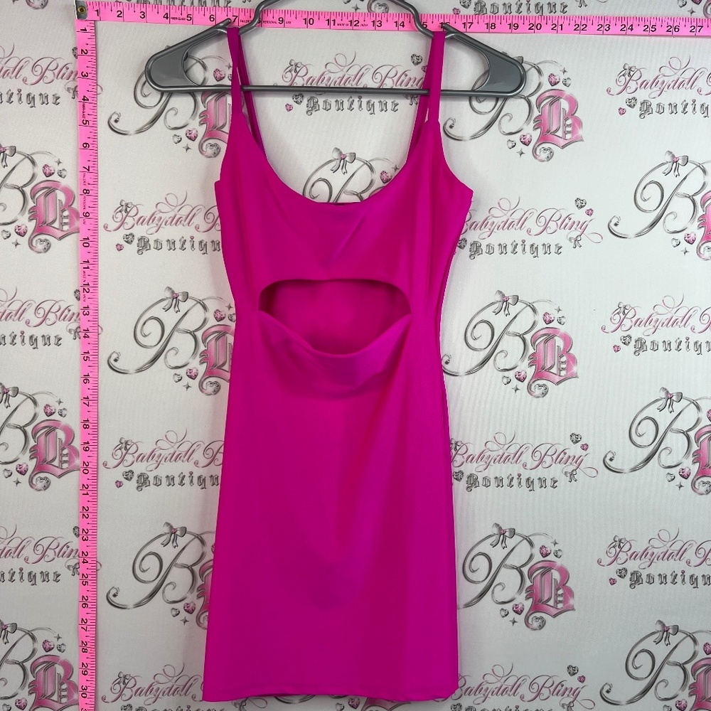 fashion nova dress bright pink neon cut out front detail shiny shimmer